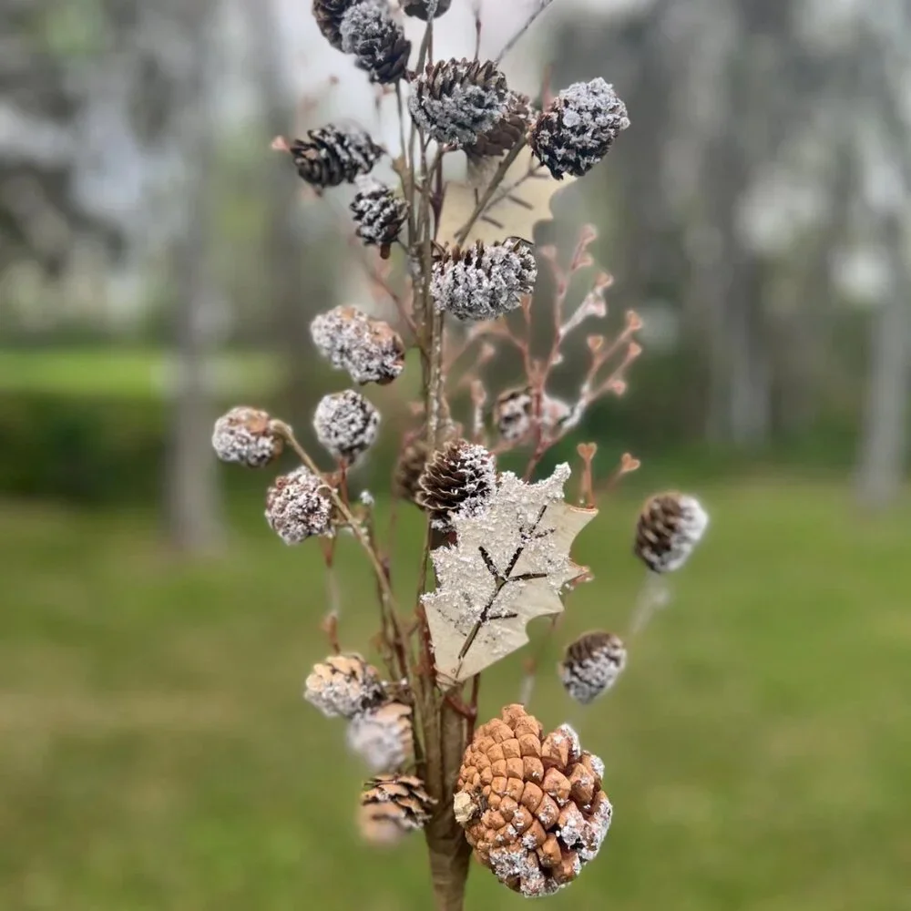 Christmas Snow Covered Frosted Birch Pinecone Stem Branch Pick Craft Supplies